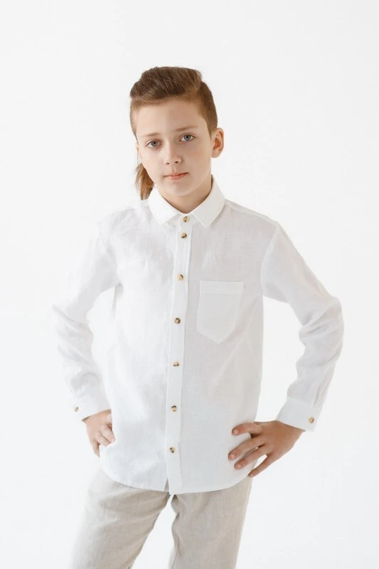 Boys white linen long-sleeve shirt with chest pocket for formal occasions