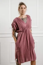 double gauze cotton midi dress with relaxed fit and short sleeves