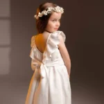white linen flower girl dress open back detail
