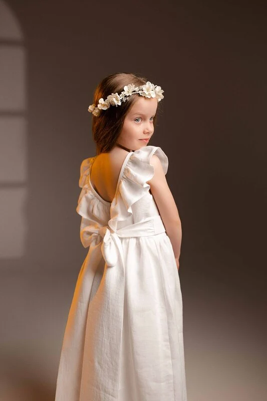 white linen flower girl dress open back detail
