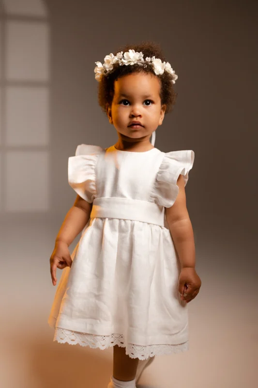 white linen dress for girls with lace hem
