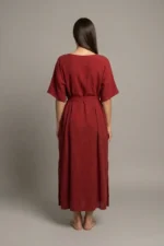 women wearing double gauze midi dress with v neckline