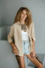 relaxed fit double gauze cotton shirt styled open for summer wear