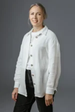 Front view of white long-sleeve double gauze shirt for women