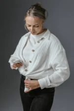 White women’s double gauze shirt with long sleeves and button front