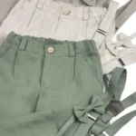 Boys linen shorts with suspenders and bow tie in neutral colors