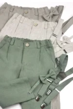 Boys linen shorts with suspenders and bow tie in neutral colors