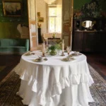 round linen tablecloth styled on a wedding table without additional decor