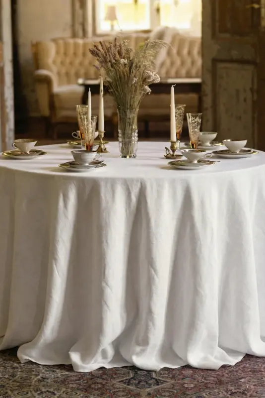 Classic Wedding Table Styling with Round Linen Tablecloth
