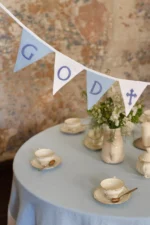 God Bless embroidery on natural linen banner flag