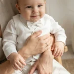 White linen baptism suit for baby boy, classic christening outfit with long sleeve shirt and pants