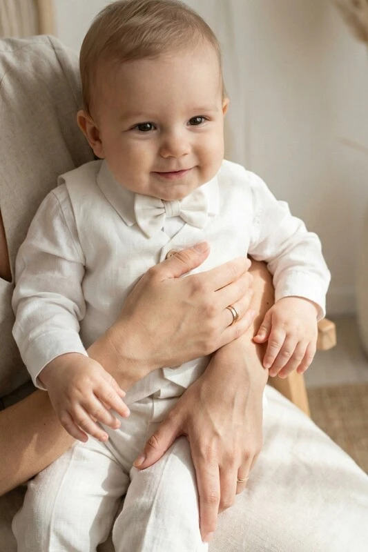 White linen baptism suit for baby boy, classic christening outfit with long sleeve shirt and pants