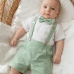 Baby boy linen baptism outfit with shirt and shorts, natural fabric christening set for infants