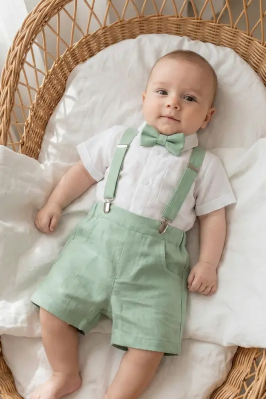 Baby boy linen baptism outfit with shirt and shorts, natural fabric christening set for infants