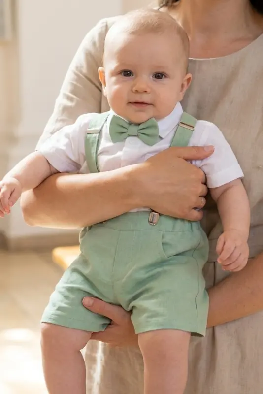 Linen baptism outfit for baby boy, comfortable christening clothing worn by toddler