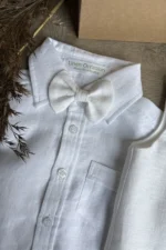 White linen baby shirt for baptism, breathable natural fabric with coconut buttons