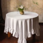 square ruffled linen table overlay