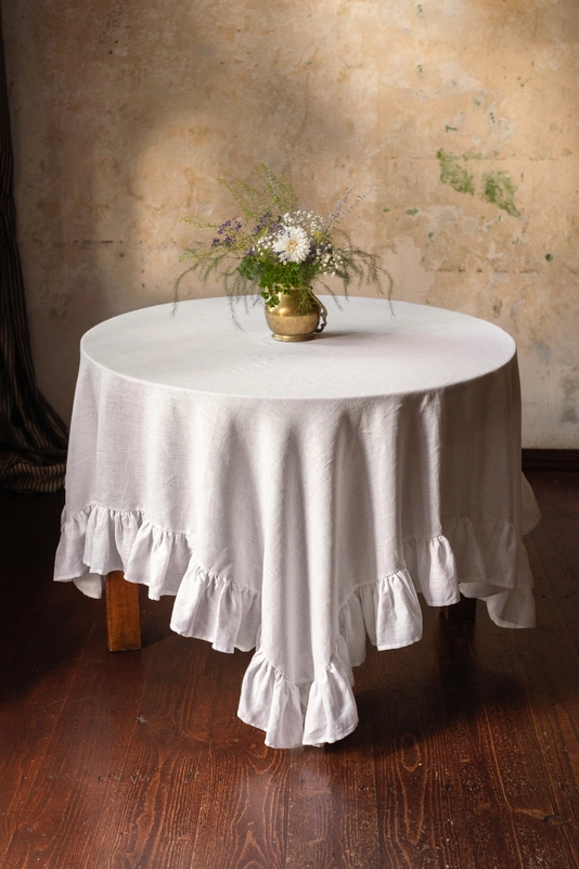square ruffled linen table overlay