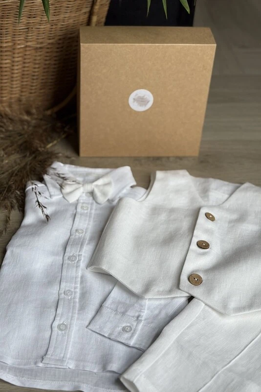 Baby boy baptism suit made from white linen, minimalist christening outfit detail