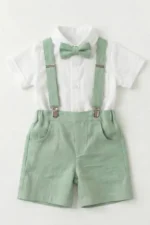 Baby boy linen shorts set with suspenders, minimalist outfit for baptism and formal occasions